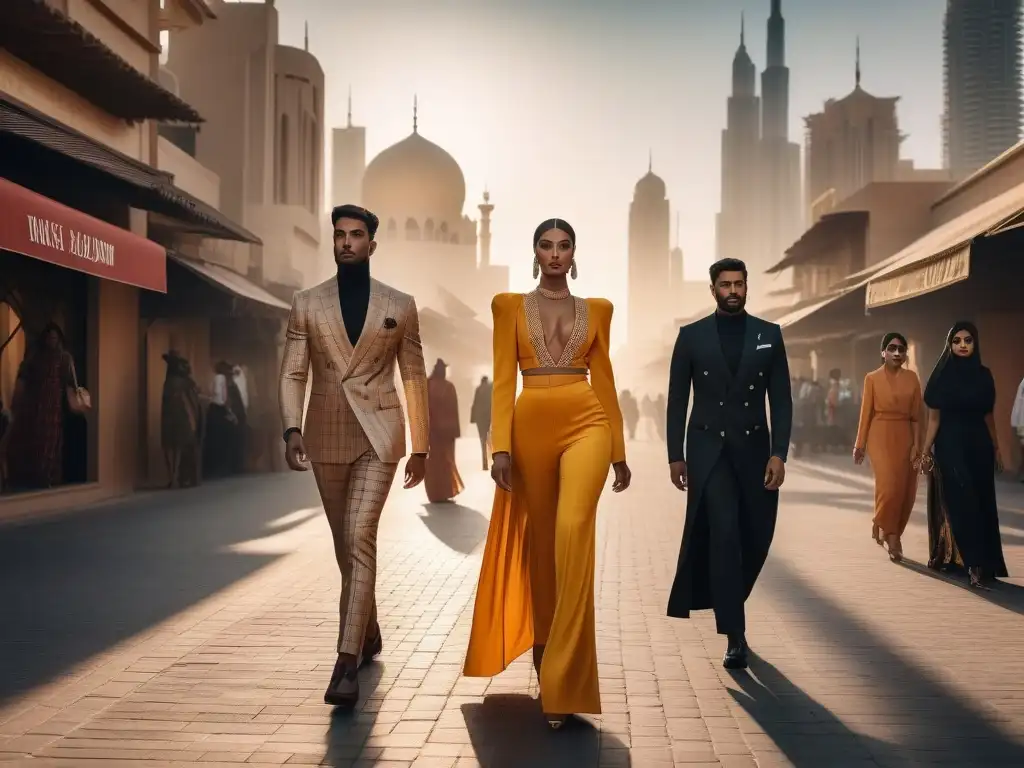 Puesta de sol en Dubai: moda diversa y vibrante en las calles Un grupo diverso de personas camina con estilo en Dubái al atardecer, reflejando la moda inclusiva en Dubái