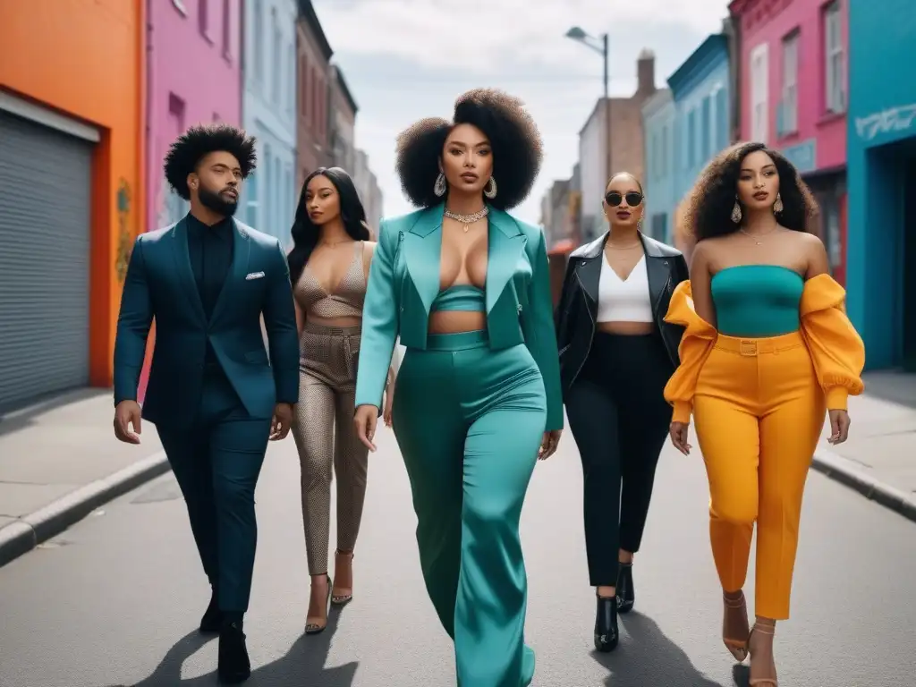 Moda inclusiva: diversidad y estilo en la ciudad Un grupo diverso de personas camina con estilo por la ciudad, mostrando moda inclusiva para todos los cuerpos