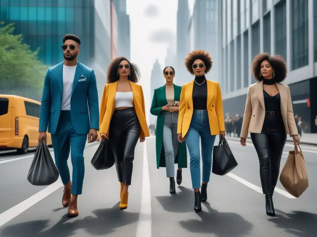 Grupo diverso con moda sostenible en la ciudad Un grupo diverso de personas con estilo y conciencia ecológica pasea por la ciudad luciendo moda sostenible