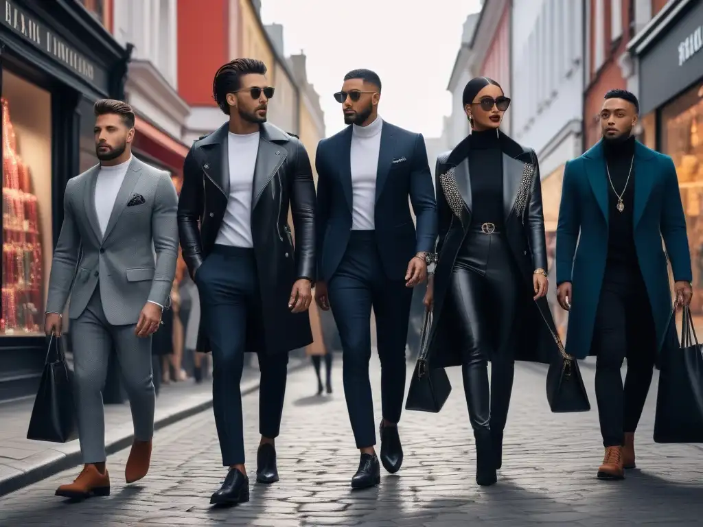 Desfile urbano de moda nicho: diversidad y sofisticación en la ciudad Un grupo diverso de personas estilosas camina por una calle urbana, mostrando el Marketing de fidelización en moda