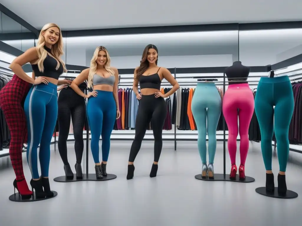 Probando leggings y medias: diversidad y estilo en tienda de moda Un grupo diverso de personas felices prueban leggings y medias en una tienda moderna