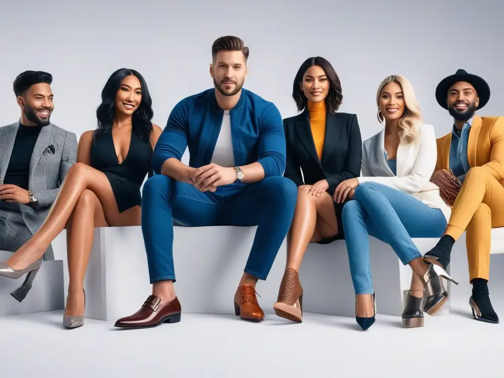 Variedad inclusiva de calzado de moda: diversidad de estilos y marcas Un grupo diverso de personas felices, de diferentes edades y etnias, vistiendo marcas de calzado inclusivo diverso en un entorno moderno y elegante