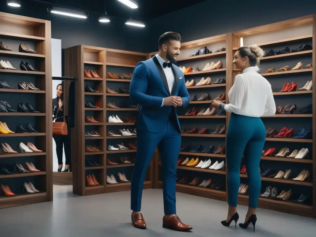 Diversidad y alegría en probadores de zapatos inclusivos Un grupo diverso de personas prueba feliz zapatos de moda en una tienda inclusiva y moderna