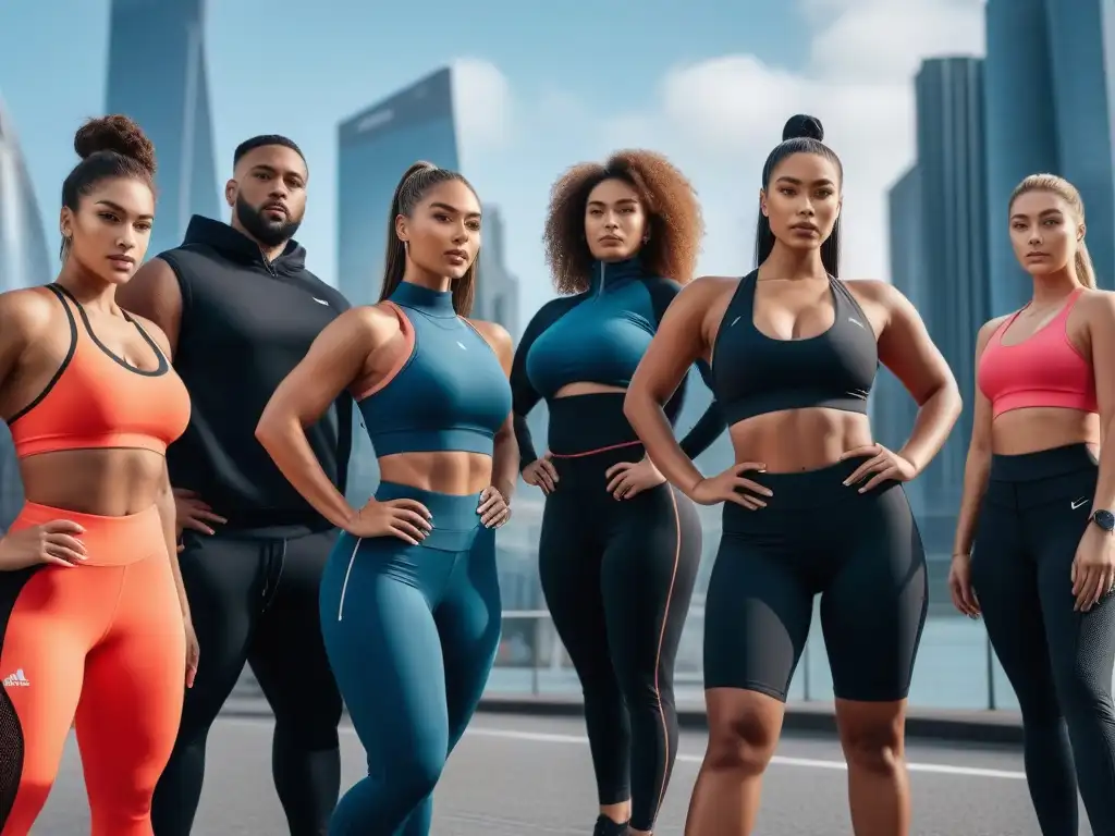 Empoderamiento y diversidad en activewear urbano Un grupo diverso de personas de diferentes formas y tamaños, seguras y vitales en moda deportiva colorida, en una ciudad vibrante