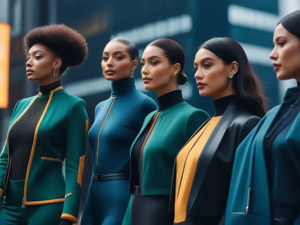 Moda del futuro: diversidad y tecnología en la ciudad Un grupo diverso de personas usa gadgets de moda innovadores en una ciudad futurista
