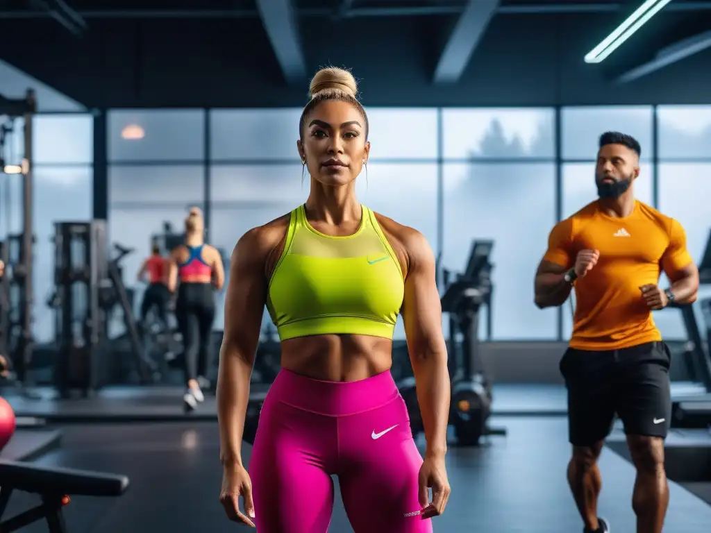 Entrenamiento inclusivo y motivador en gimnasio moderno Un grupo diverso de personas en un gimnasio moderno, realizando actividades fitness usando ropa premium