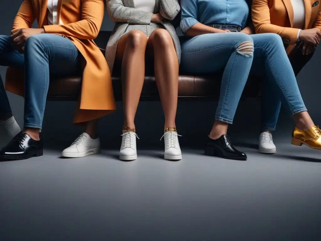 Zapatos inclusivos: diversidad de estilos y personas Un grupo diverso de personas con diferentes habilidades y fondos, felices con diferentes marcas de calzado inclusivo diverso