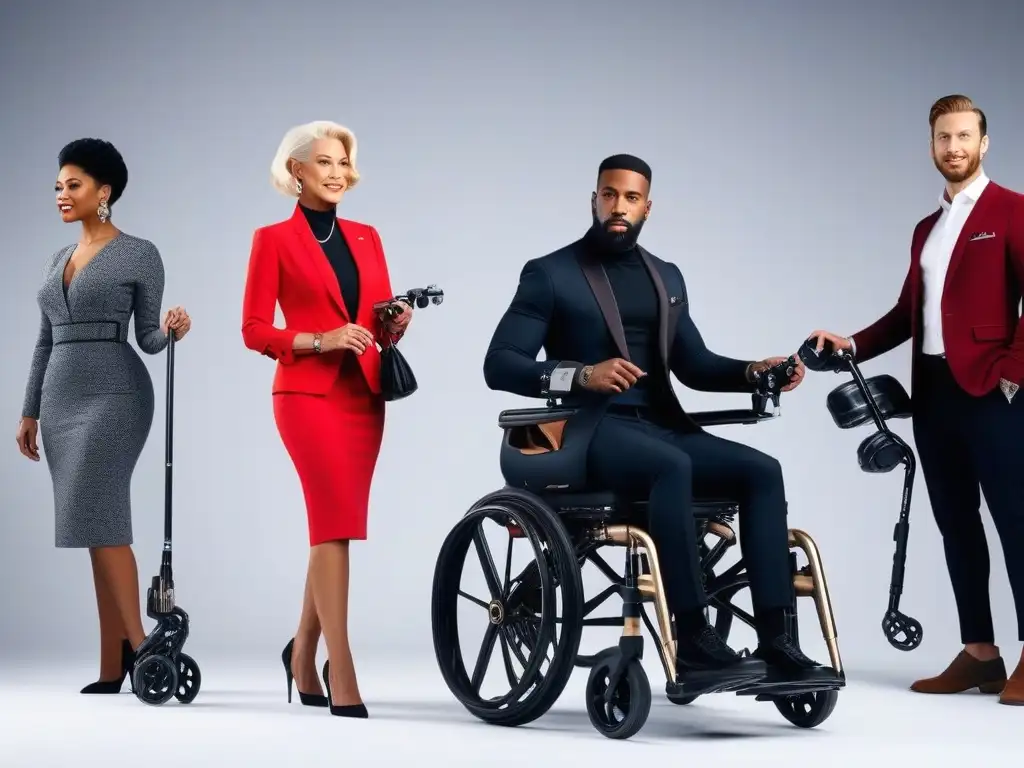 Accesorios Adaptativos: Estilo y Funcionalidad para Tod@s Un grupo diverso de personas con diferentes habilidades muestra confianza y estilo con accesorios adaptativos para todos cuerpos