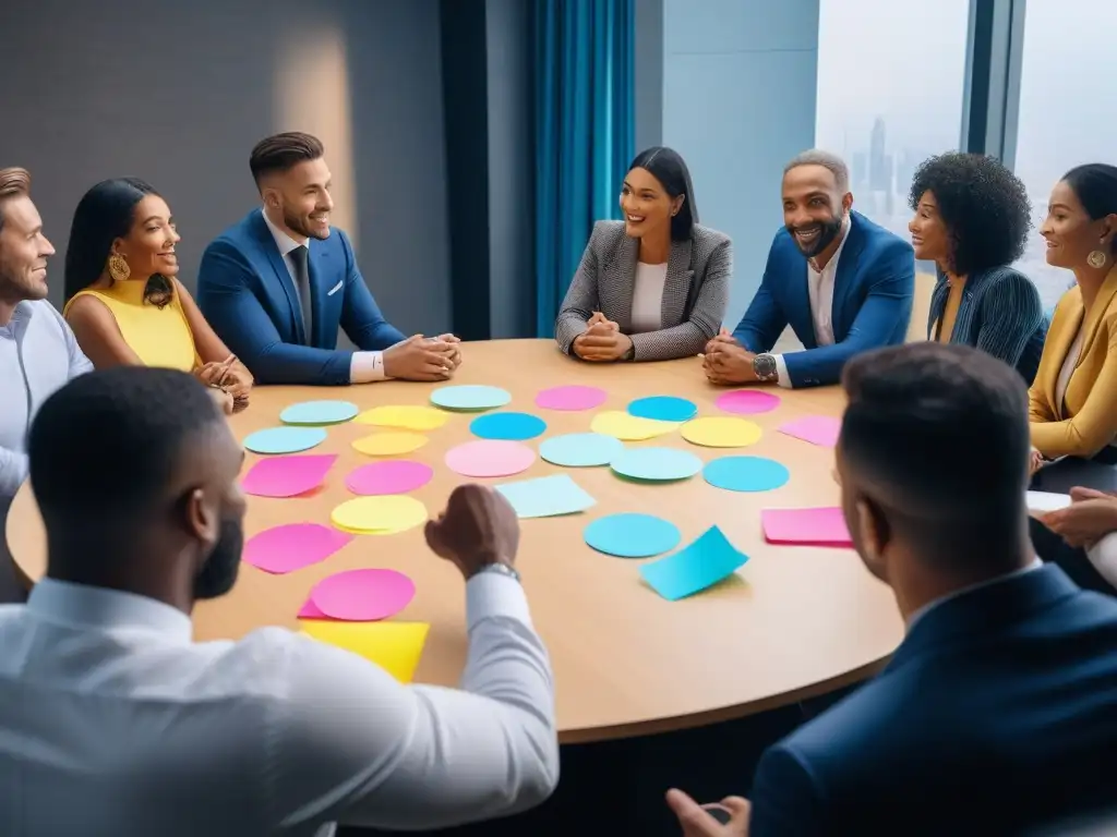 Inspiradora lluvia de ideas: diversidad en publicidad Un grupo diverso de personas colabora en ideas para campañas publicitarias para marcas inclusivas en una mesa redonda con notas y marcadores coloridos
