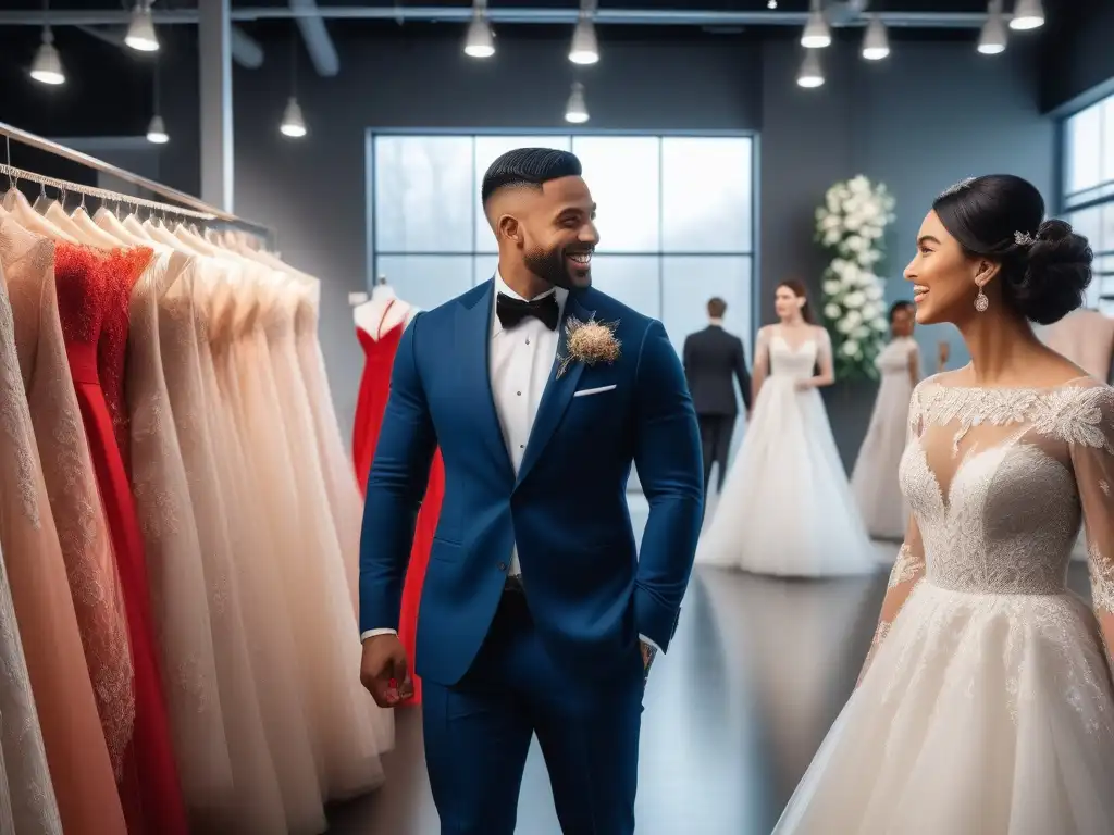 Grupo diverso elige trajes de boda en tienda inclusiva Un grupo diverso de personas, incluidos novios trans, disfrutan de vestidos de novia en una boutique inclusiva y moderna