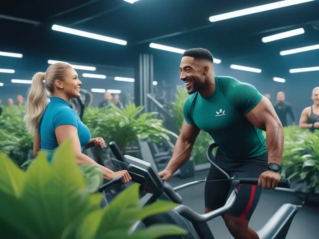 Equipo inclusivo y motivado en gimnasio moderno con plantas verdes Un grupo diverso de personas, incluyendo individuos con discapacidad, se ejercitan juntos en un gimnasio moderno, rodeados de plantas verdes y equipamiento futurista