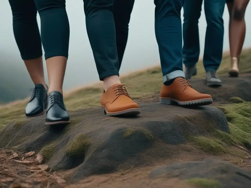 Empoderamiento y diversidad: caminata con estilo y sostenibilidad Un grupo diverso de personas caminando juntas en la naturaleza con zapatos sostenibles para tallas especiales, mostrando inclusividad y estilo único