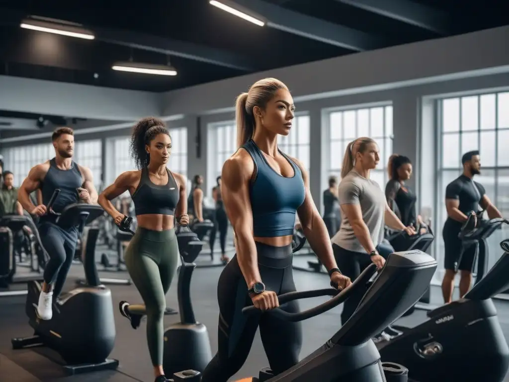 Entrenamiento Premium en Gimnasio Inclusivo y Moderno Un grupo diverso de personas entrena juntas en un moderno gimnasio con luz natural y equipamiento de vanguardia