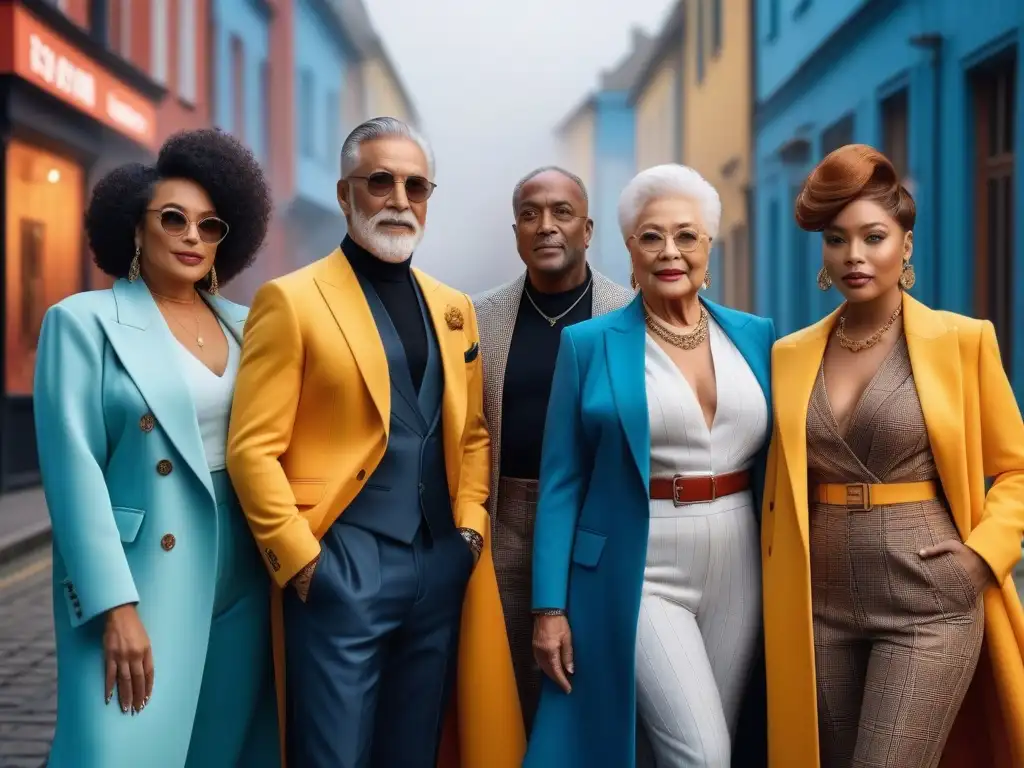 Moda senior: diversidad y elegancia en un entorno urbano moderno Un grupo diverso de personas mayores posa con estilo en un entorno urbano moderno