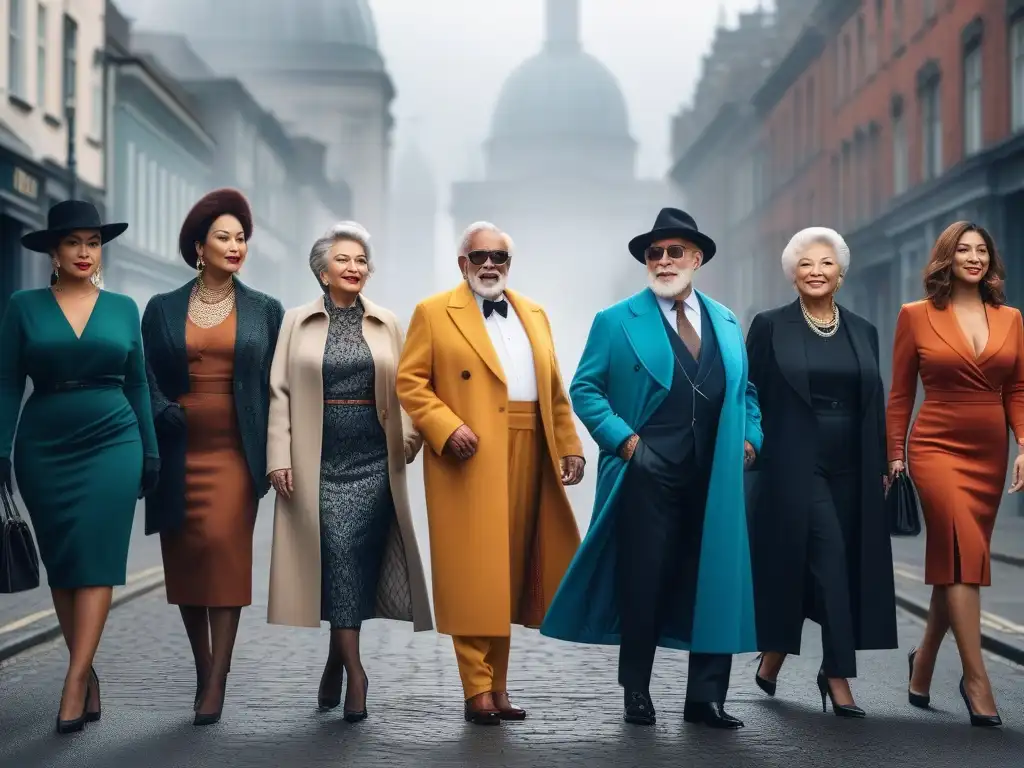 Estilo seniors: diversidad y elegancia urbana en la gran ciudad Grupo diverso de personas mayores posando con elegancia en outfits senior para diferentes ocasiones durante la semana, en una ciudad bulliciosa