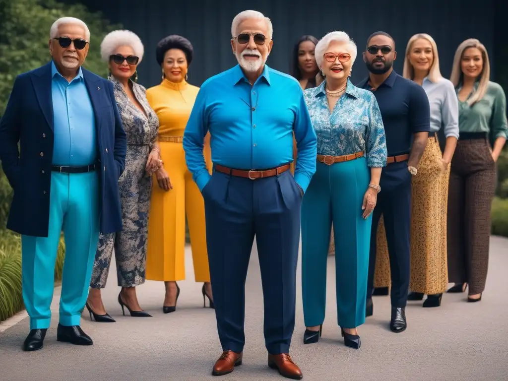 Moda inclusiva para seniors: diversidad y estilo en pantalones rectos Un grupo diverso de personas mayores modela con confianza pantalones rectos de colores y estampados, representando la moda senior inclusiva y diversa