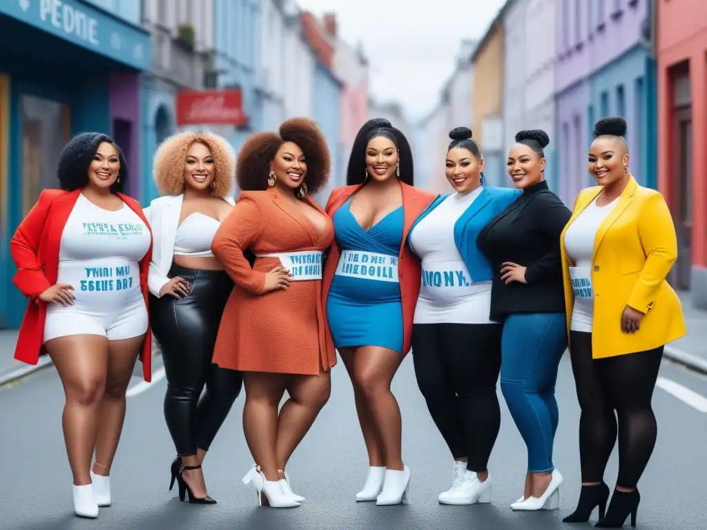 Empoderamiento plus size: diversidad y autoaceptación en la moda urbana Grupo diverso de personas plus size, con outfits trendy, mensajes positivos y ciudad colorida
