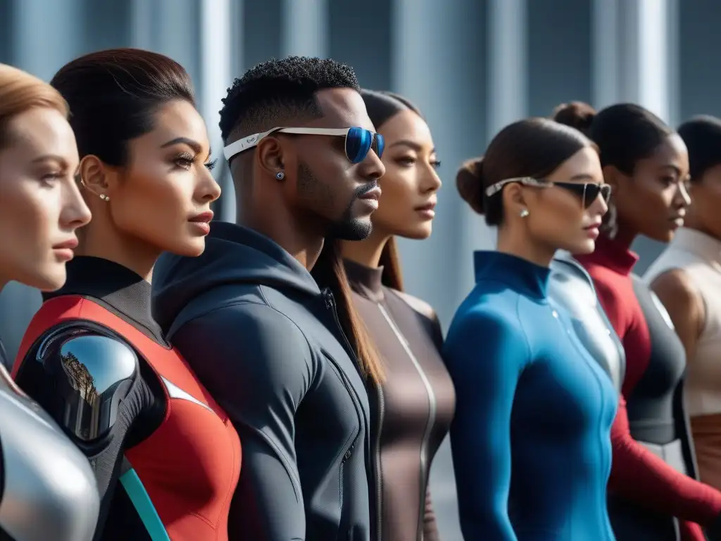 Estilo y tecnología: diversidad y empoderamiento en la moda Un grupo diverso de personas con wearables de moda y tecnología, reflejando inclusión y empowerment
