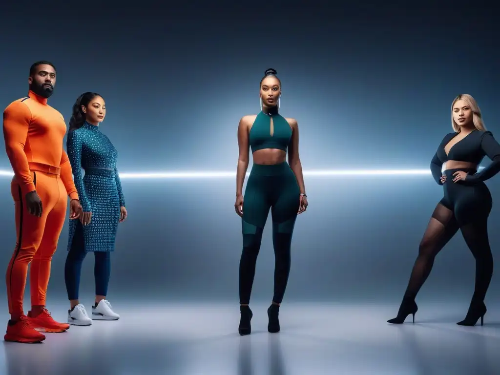 Grupo diverso con tecnología wearable premium para todos los cuerpos Un grupo diverso de personas en moda inclusiva para todos los cuerpos, luciendo tecnología wearable premium en un estudio futurista y elegante