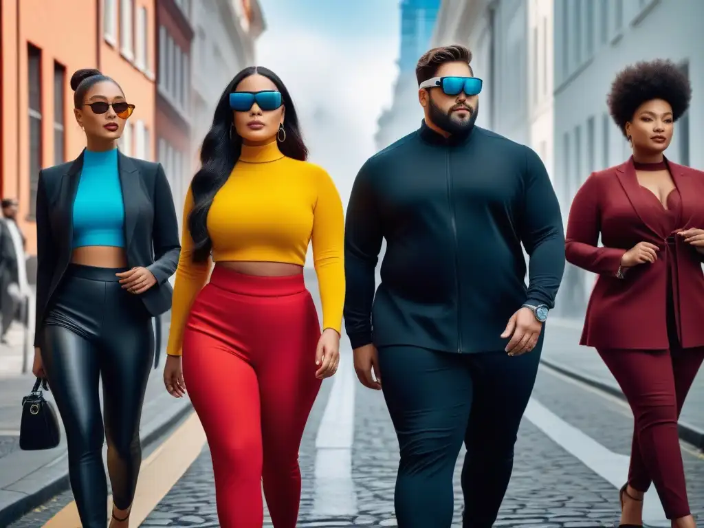Moda inclusiva y tecnología: diversidad urbana Un grupo diverso de personas muestra moda inclusiva para todas las tallas con tecnología portátil de alta gama en una calle urbana vibrante