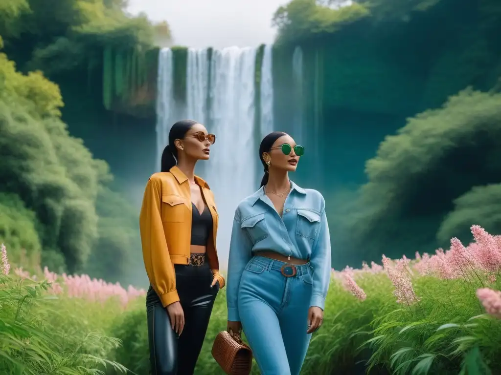 Moda ecofriendly: estilo y conciencia en armonía Un grupo diverso de personas viste moda ecoconsciente, posando elegantes en la naturaleza