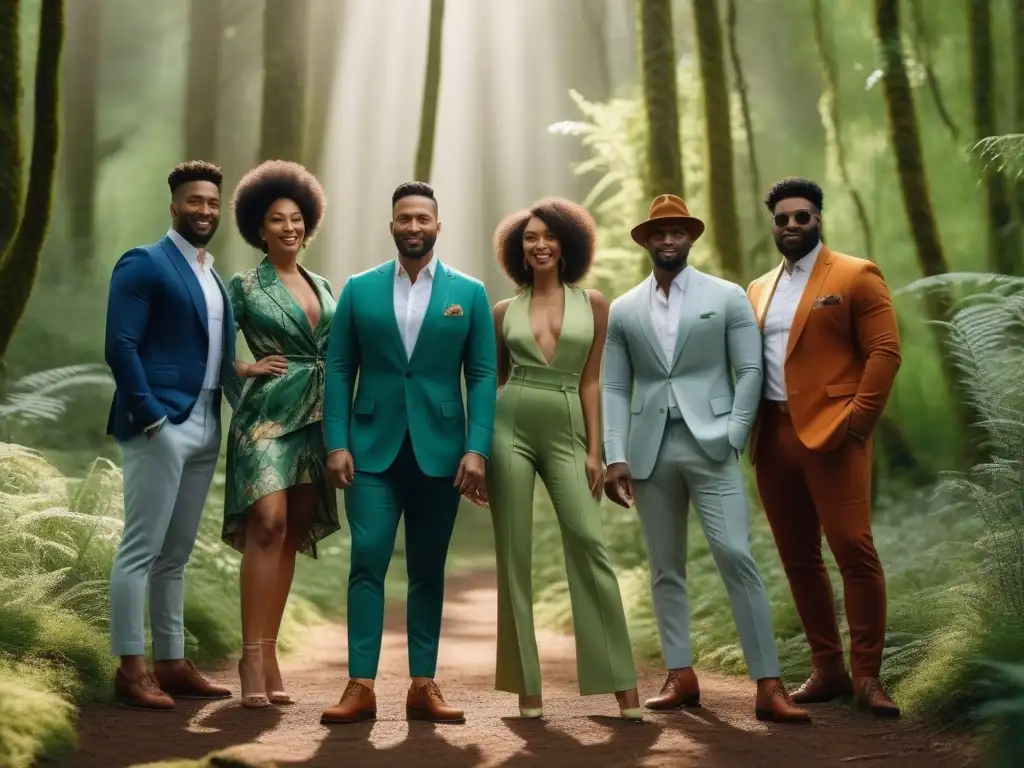 Diversidad y moda sostenible en el bosque Un grupo diverso de personas modela moda sostenible para todos los cuerpos en un bosque verde y luminoso