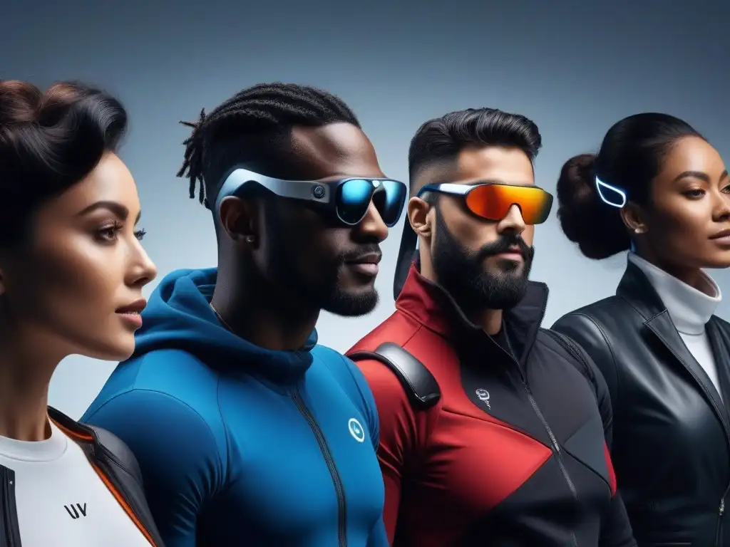 Moda inclusiva: personas diversas lucen tecnología wearable premium Un grupo diverso de personas muestra moda inclusiva wearables premium en un entorno futurista y vibrante, transmitiendo empoderamiento y unidad