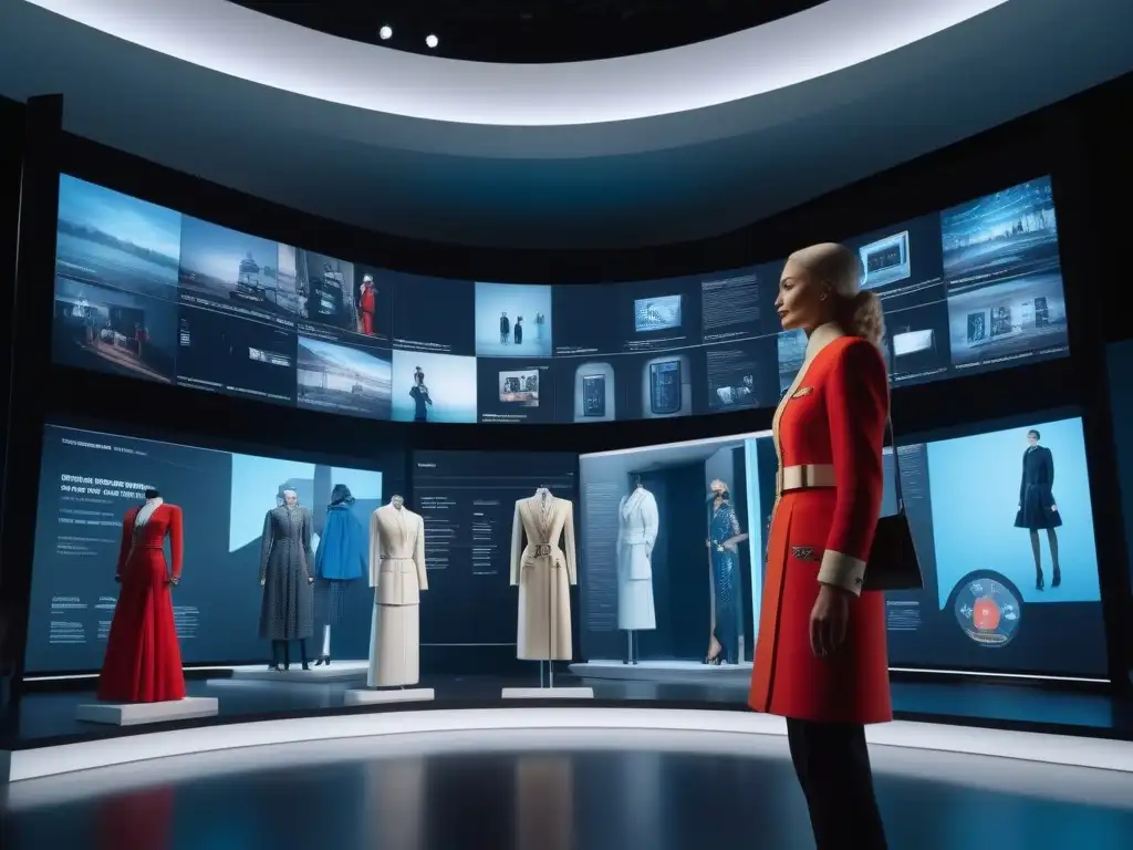 Exploración virtual de museo de moda con diversidad de personas Un grupo diverso de personas explora un museo de moda virtual inclusivo con moda vanguardista en pantallas holográficas
