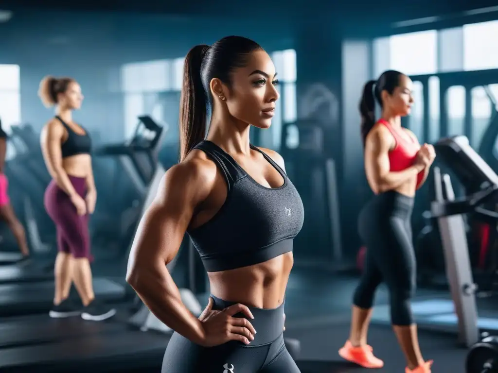 Empoderamiento fitness: diversidad de cuerpos en acción Un grupo diverso de personas petite se ejercita con fuerza y determinación en un gimnasio moderno y luminoso