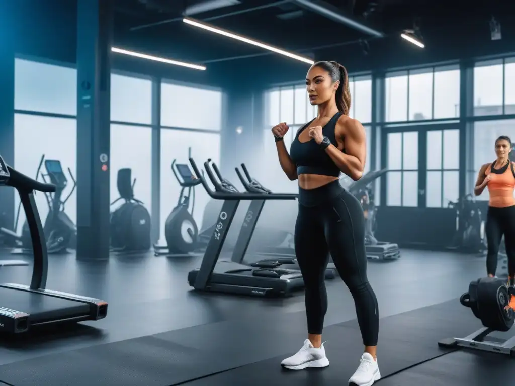 Entrenamiento HIIT para personas pequeñas: fuerza y determinación en acción Un grupo diverso de personas petite se ejercita con intensidad en un gimnasio moderno, reflejando fuerza, determinación y enfoque