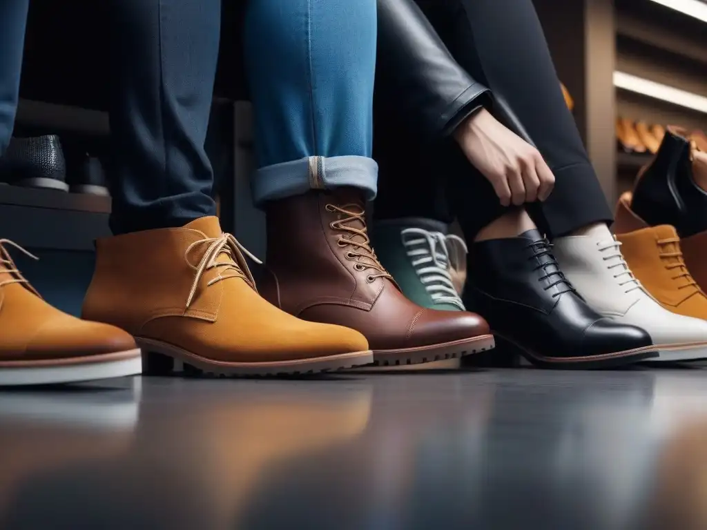 Pies felices: moda inclusiva en zapatos grandes Grupo diverso de personas con pies grandes probándose zapatos de moda en tienda moderna