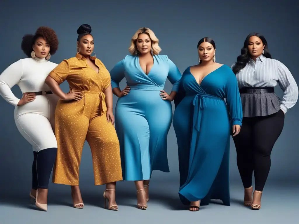 Moda plus size: expresión corporal y estilo vibrante Grupo diverso de personas plus size luciendo moda con los mejores tejidos