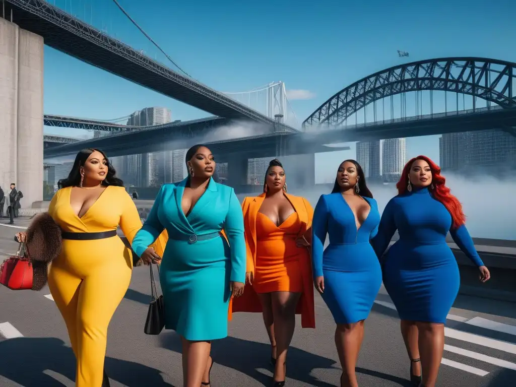 Empoderamiento y estilo: diversidad de moda plus size en la ciudad Grupo diverso de personas plus size luciendo atuendos vibrantes que realzan su piel