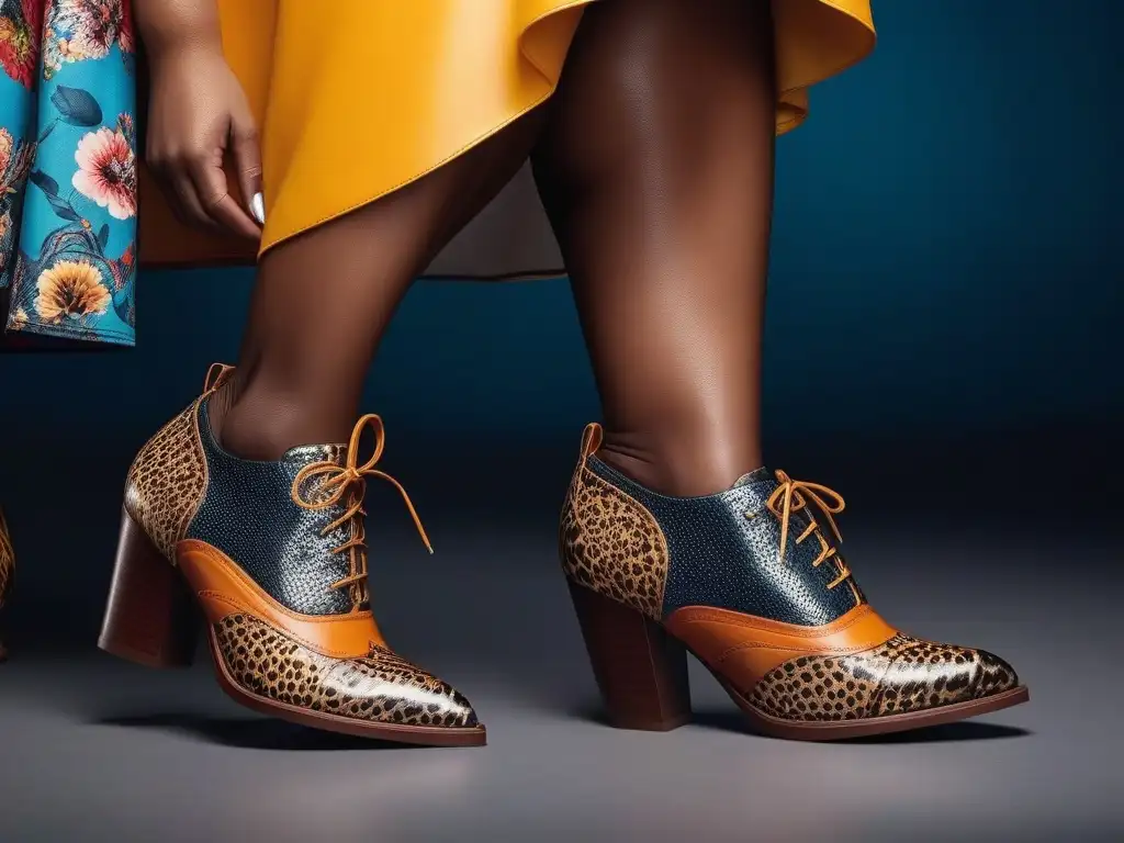 Zapatos de moda: diversidad y empoderamiento en tallas grandes Un grupo diverso de personas plus size luciendo zapatos coloridos y a la moda en diferentes diseños y estampados