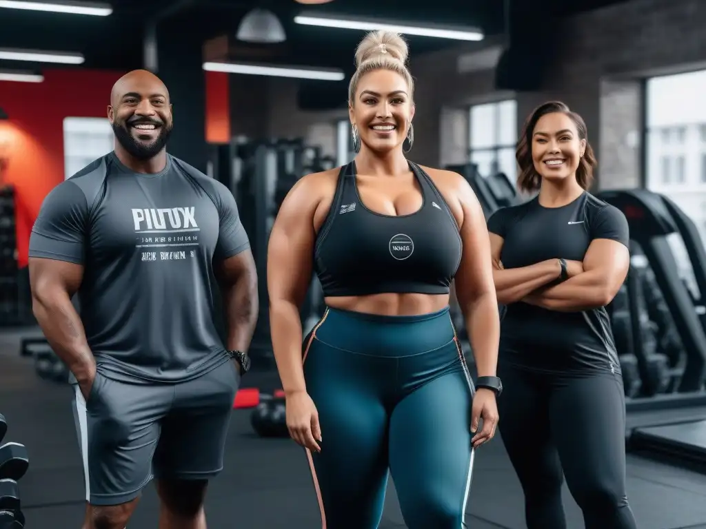 Grupo diverso de plussize felices en gimnasio inclusivo Un grupo diverso de personas plus size, de distintas edades y géneros, vestidas con ropa de entrenamiento, sonriendo en un gimnasio moderno y acogedor
