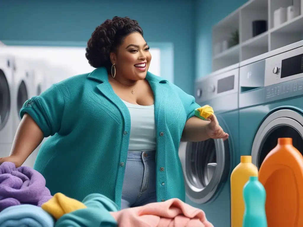 Grupo diverso de tallas grandes disfrutando la colada Grupo diverso de personas plus size disfrutando juntas del lavado de ropa con detergentes coloridos y consejos cuidado ropa plus size