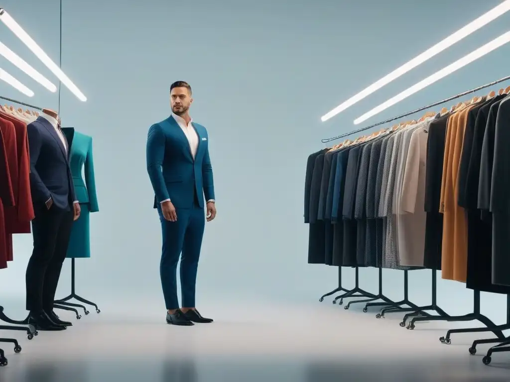Diversidad en probadores virtuales: moda inclusiva para todos Un grupo diverso de personas prueba ropa en un probador virtual, con tecnología avanzada y ambiente inclusivo