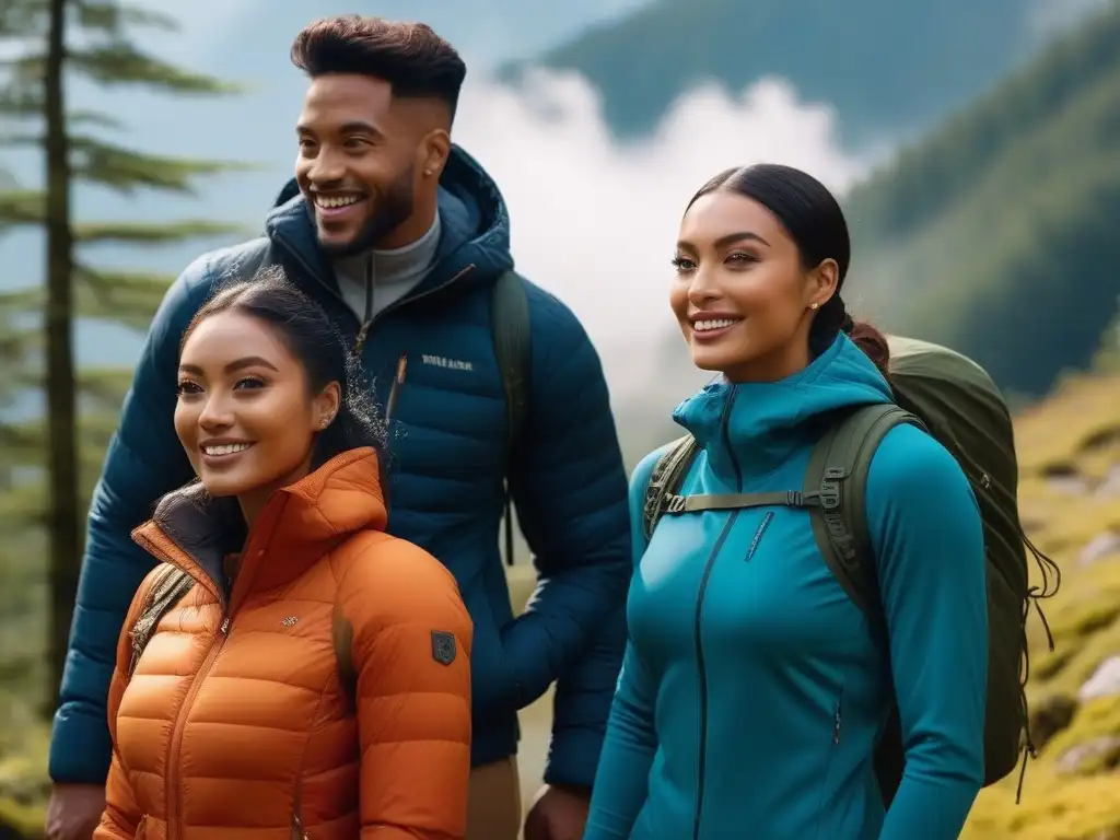 Excursión inclusiva: diversidad y moda en la montaña Un grupo diverso de personas con ropa outdoor de moda, disfrutando juntas de una caminata en la montaña