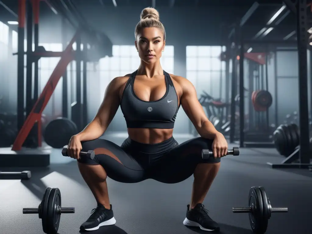 Entrenamientos personalizados: diversidad y tecnología Un grupo diverso de personas realiza rutinas de ejercicio personalizadas en un gimnasio moderno con equipos futuristas y frases motivacionales