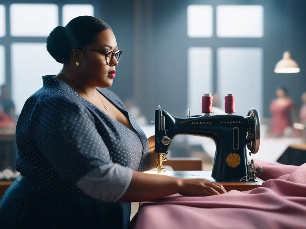 Grupo diverso de moda plussize en taller de costura Un grupo diverso de personas seguras y de talla grande trabajando juntas en un taller de costura moderno y luminoso