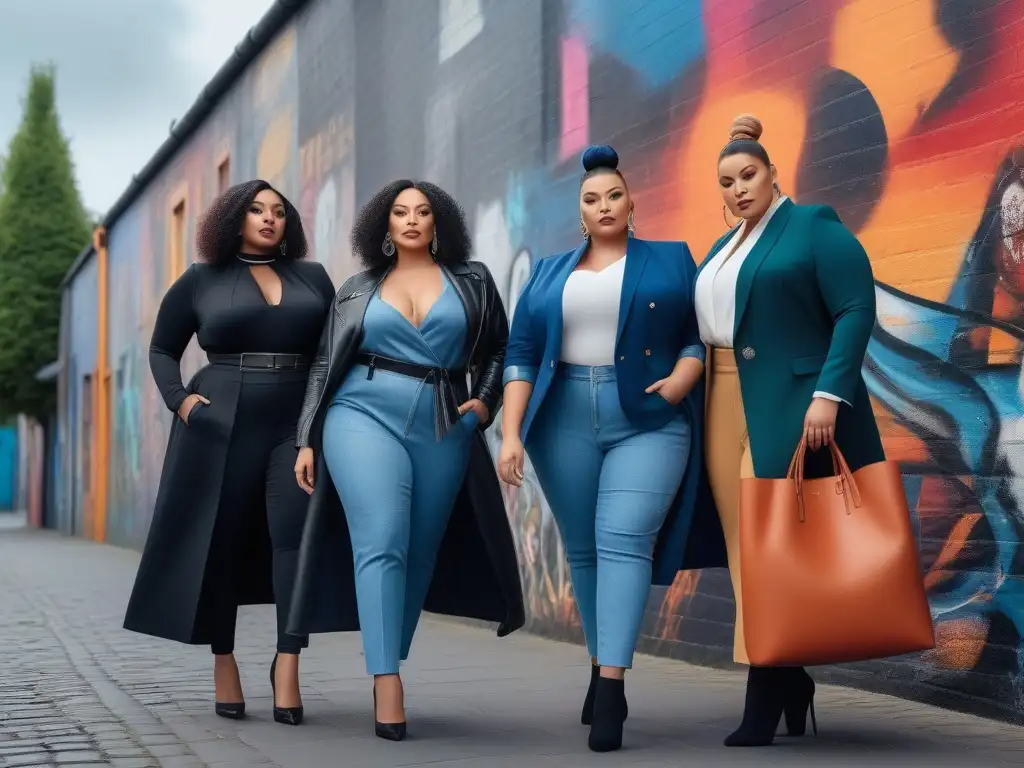 Moda plus size: diversidad y estilo en la ciudad Un grupo diverso de personas plus size seguras, vestidas con estilo en entorno urbano moderno