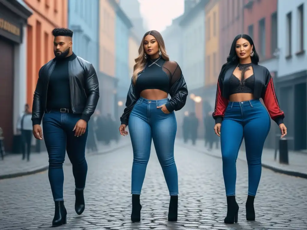 Jeans perfectos: diversidad y confianza en la ciudad Un grupo diverso de personas seguras y felices luciendo los mejores jeans para todos cuerpos, en un escenario urbano moderno y trendy