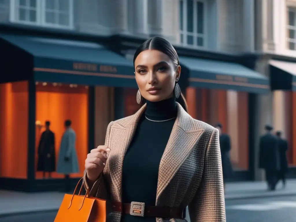 Exclusividad Hermès: diversidad y elegancia en tallas extendidas Un grupo diverso de personas seguras, elegantemente vestidas con la inclusión de tallas en Hermès, frente a una boutique moderna y elegante