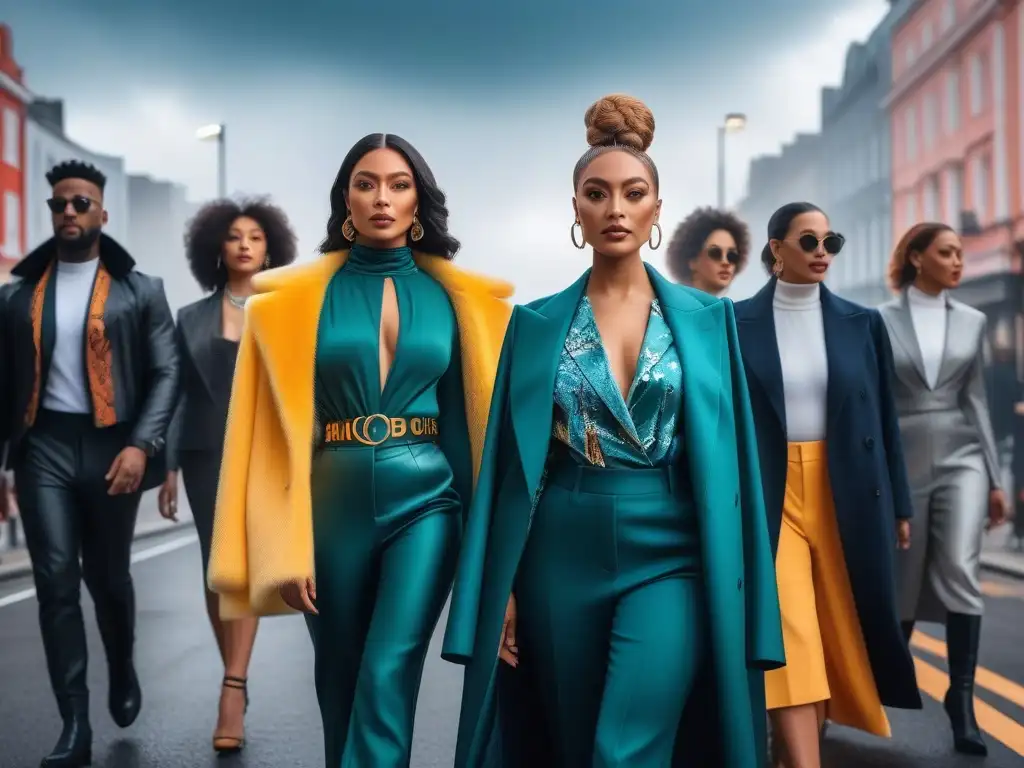 Moda empoderada: diversidad y confianza en la ciudad Un grupo diverso de personas seguras viste atuendos empoderadores en una ciudad vibrante