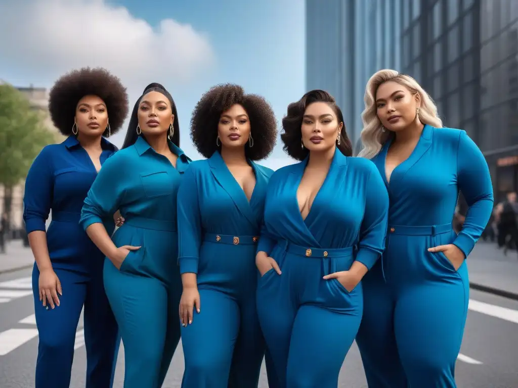 Jumpsuits inclusivos: diversidad, moda y empoderamiento en la ciudad Un grupo diverso de personas seguras de sí mismas en jumpsuits plus size para todos, expresando alegría y empoderamiento en la ciudad
