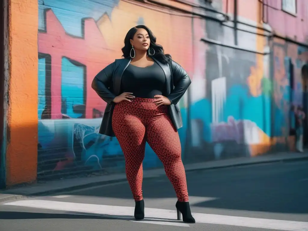 Leggings de colores vibrantes: diversidad y estilo en la ciudad Un grupo diverso de personas seguras de sí mismas, de diferentes etnias y géneros, vistiendo leggings plus size cómodos y estilosos en colores y patrones vibrantes, mostrando su estilo único y personalidad en un entorno urbano moderno