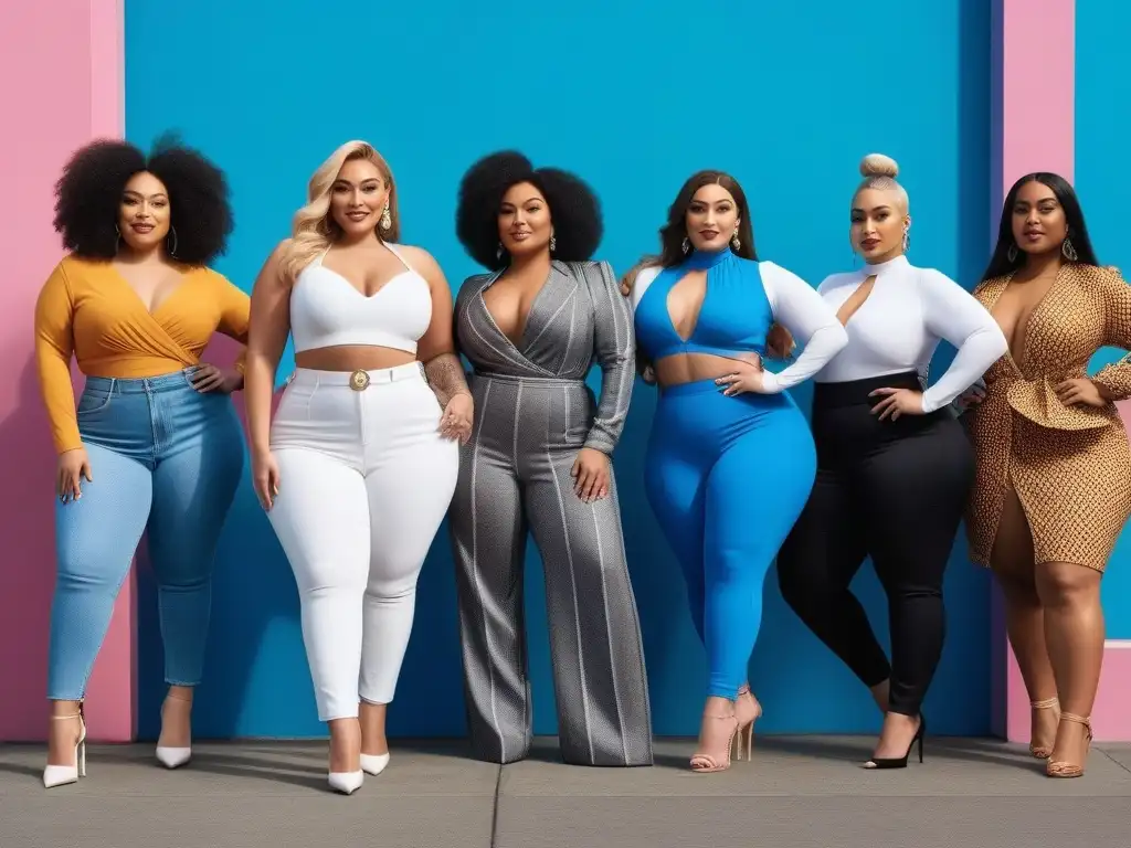 Moda inclusiva: plussize seguros y estilosos frente a la ciudad Un grupo diverso de personas seguras en su imagen corporal y estilo, posando con actitud frente a un fondo urbano colorido