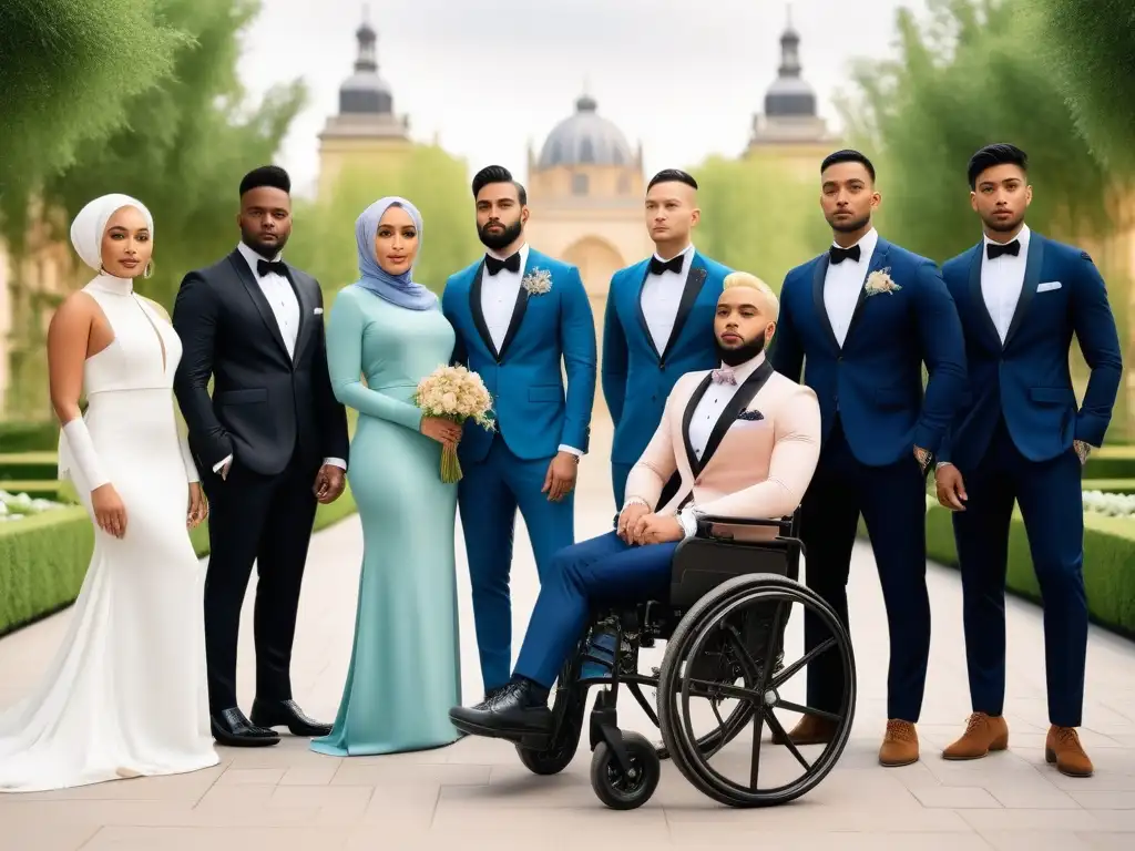 Moda inclusiva: Celebrando la diversidad en elegancia urbana Un grupo diverso de personas seguras y elegantes en vestimenta formal, celebrando la individualidad en un entorno urbano inclusivo