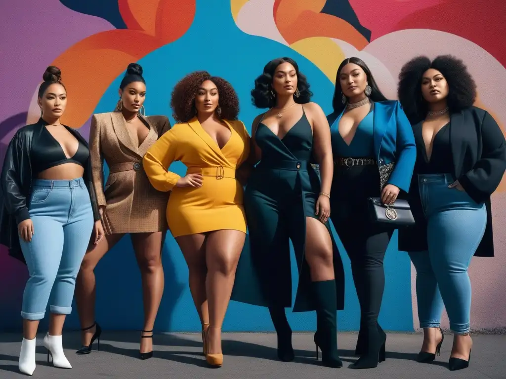 Moda inclusiva: diversidad de estilos y tallas en la ciudad Un grupo diverso de personas seguras y con estilo, vistiendo moda inclusiva para todas las tallas, en una calle urbana chic con murales coloridos