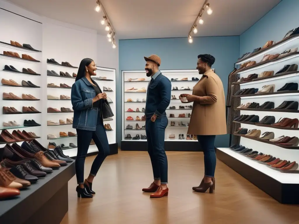 Tienda de zapatos inclusiva: diversidad y empoderamiento en cada paso Un grupo diverso de personas sonrientes probándose zapatos en una tienda inclusiva y moderna